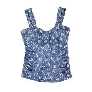 Blue Floral Ruched Tank Top